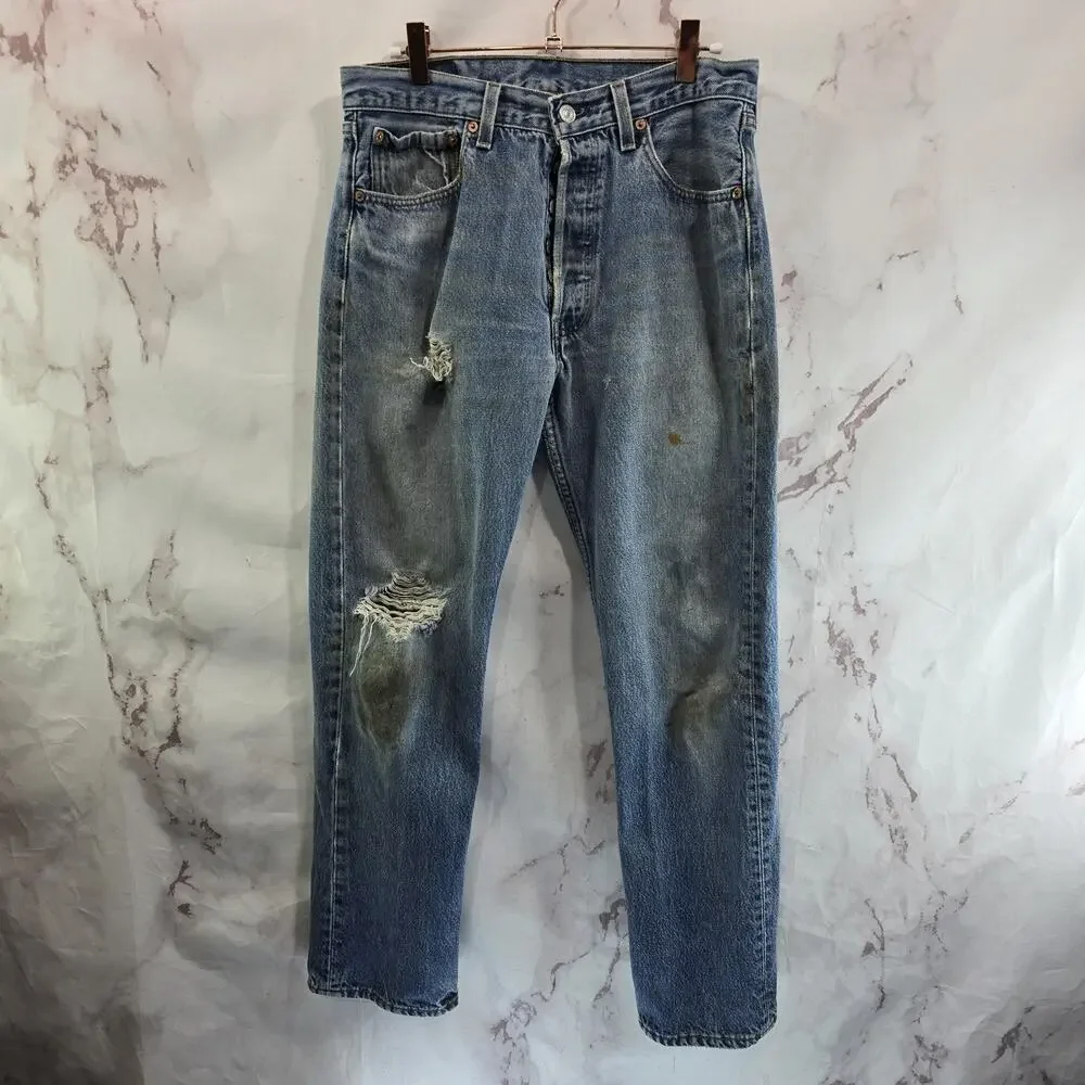 Vtg Levis Jeans Mens 32 X 28 501 XX Y2K Denim Destroyed Button Fly Distressed